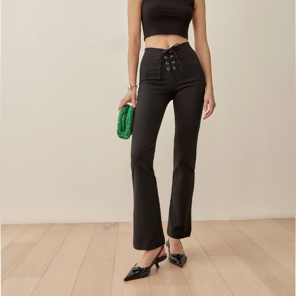 Reformation Black Flare Pants with Lace-Up Detail